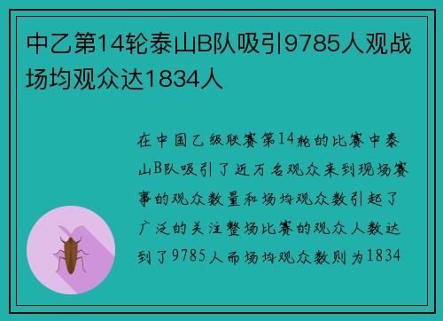 中乙第14轮泰山B队吸引9785人观战 场均观众达1834人