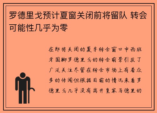 罗德里戈预计夏窗关闭前将留队 转会可能性几乎为零